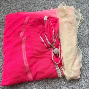 Mesh knit women’s saree hot pink and cream ombré w/ beaded sequin pearl accents